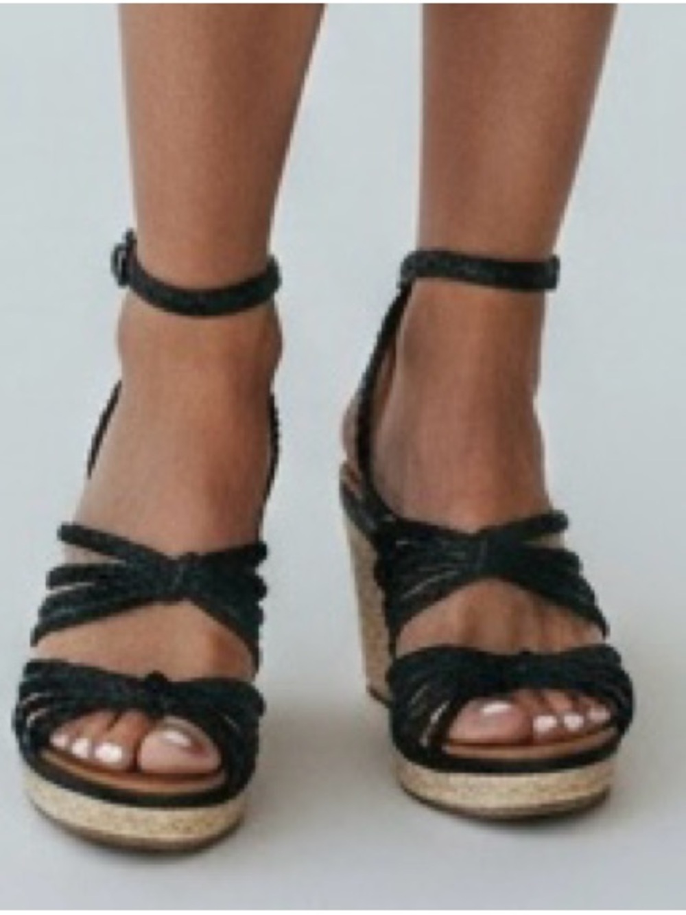 Zodiac Black Braided Ankle-Strap Wedge Sandals